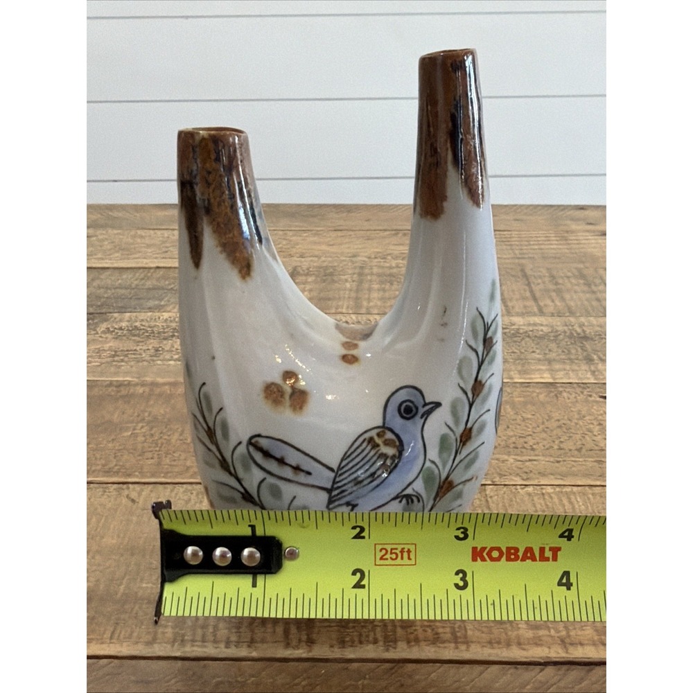 Vintage Tonala Mexico Double Spout Ceramic Vase 5 ¾" Folk Art Pottery Unsigned - Picture 8 of 10